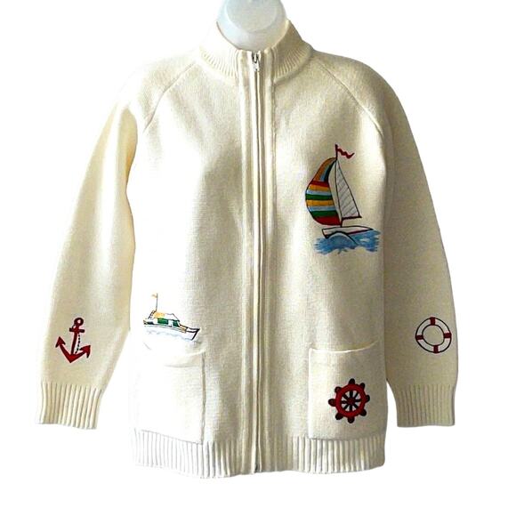VINTAGE 1960’s LeRoy Knitwear Nautical Zip Front Cardigan Size Medium - Picture 1 of 7